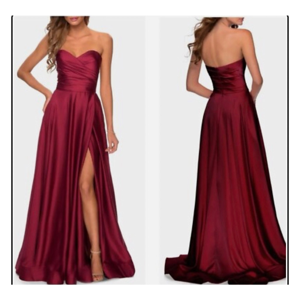NEW La Femme Strapless Slit Satin Ballgown Gown in Wine Red SZ 4